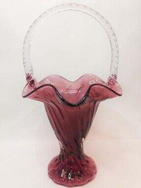 Fenton Glass Cranberry Spiral Basket With Clear Glass Handle And Ruffled Edge